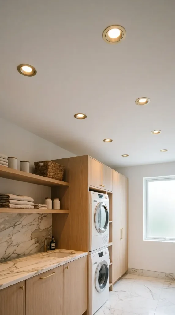 18 Laundry Room Designs Quiet Luxury Marble and Warm Wood Look 17 17. Warm Recessed Downlights Throughout Both Zones