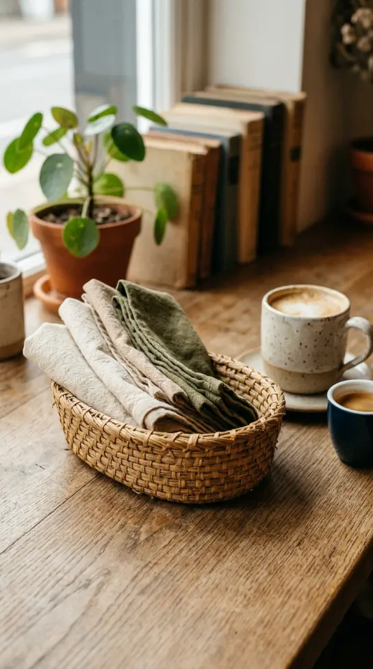 19 Eclectic Coffee Station Ideas With Vintage Charm 17 17. Woven Vintage Basket for Napkins