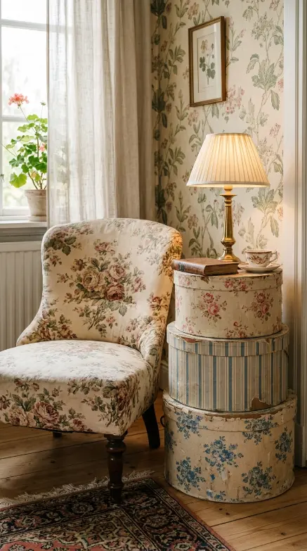 19 Reading Chair in Bedroom Vintage Floral Slipper Corner 18 18. A Stack of Hatboxes Used as a Side Table