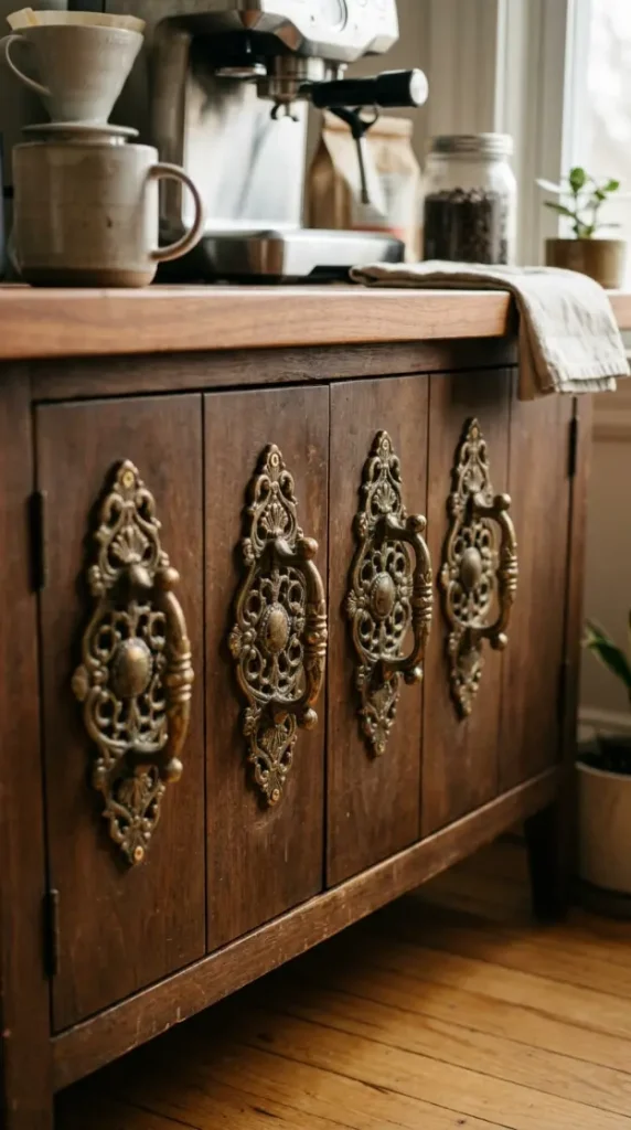 19 Eclectic Coffee Station Ideas With Vintage Charm 18 18. Brass Drawer Pulls on the Station Cabinet