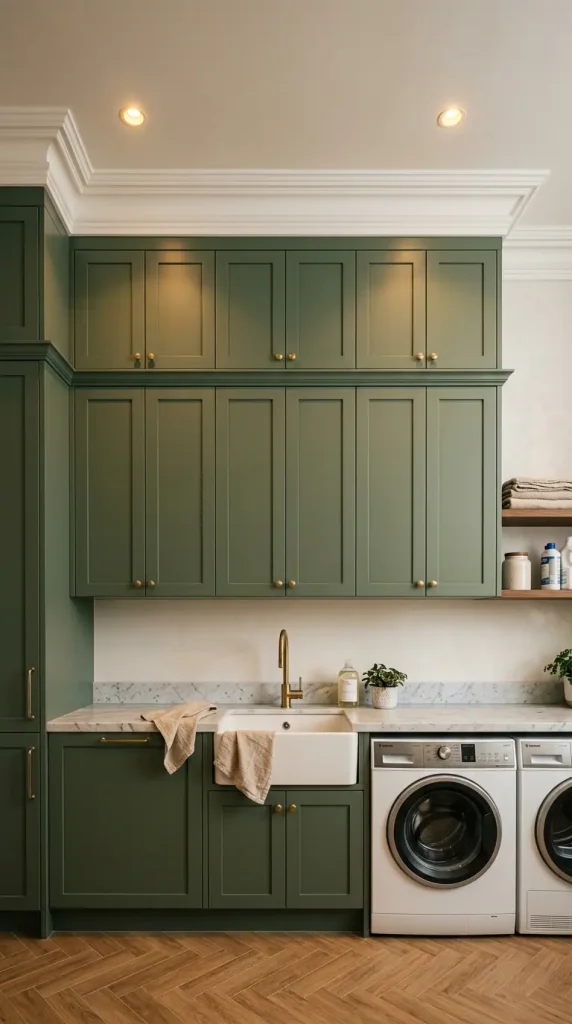 20 Luxury Laundry Room Ideas Sage Green Walnut Warm Style 19 19. Sage Green Laundry With Ceiling-Height Cabinetry and Stepped Cornice
