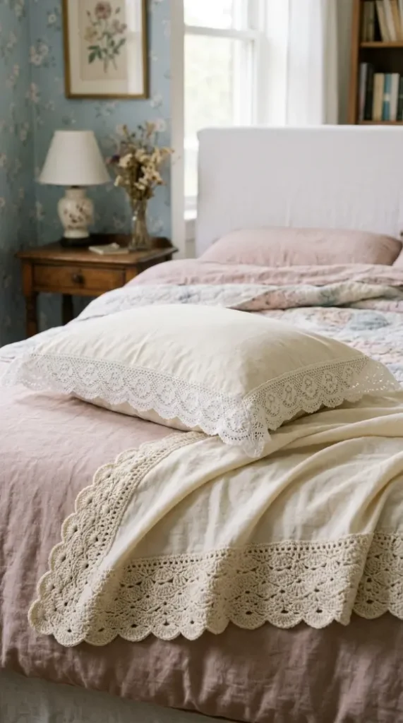 24 Apartment Bedroom Decor Pastel Dreamy Feminine Style 19 19. The Lace Trim Pillow and Throw Detail