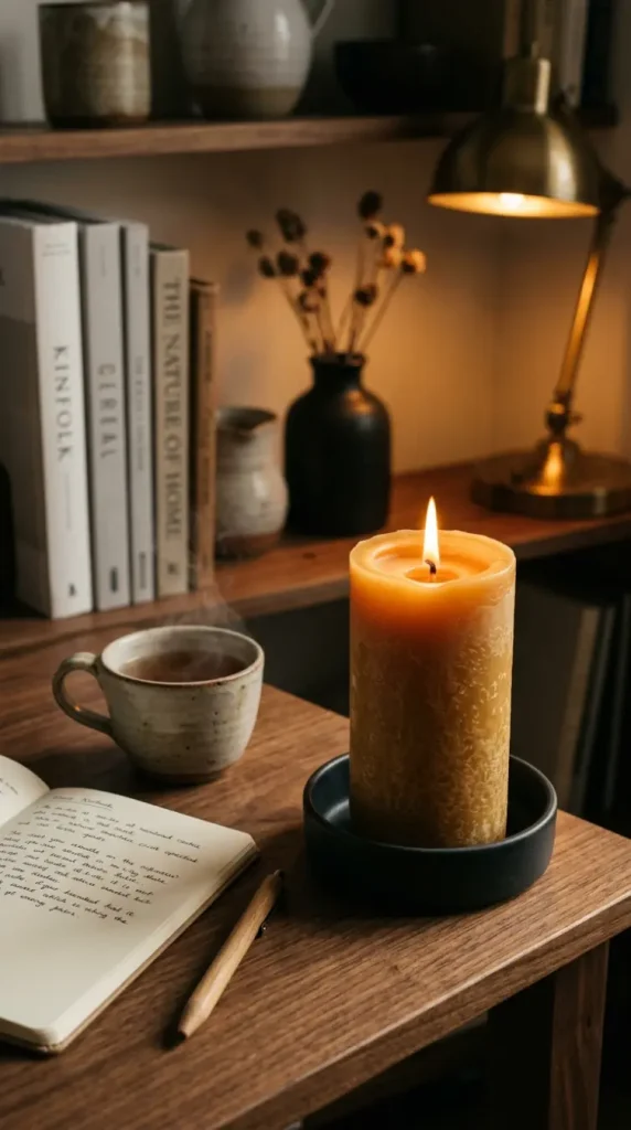 18 Cozy Office Aesthetic Candlelight Bookshelf Warm Style 2 2. A Beeswax Pillar Candle on the Desk