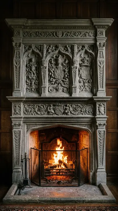 11 Cozy Reading Corners Fireplace Green Sofa Cinematic 2 2. A Carved Stone Fireplace Mantel