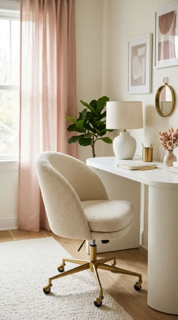 12 Home Office Ideas for Women Blush Gallery Wall Curved 2 2. A Curved-Back Boucle Desk Chair