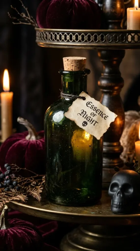 15 Halloween Tiered Tray Ideas Elegant Dark Moody Style 2 2. A Dark Glass Apothecary Bottle With Cork Stopper