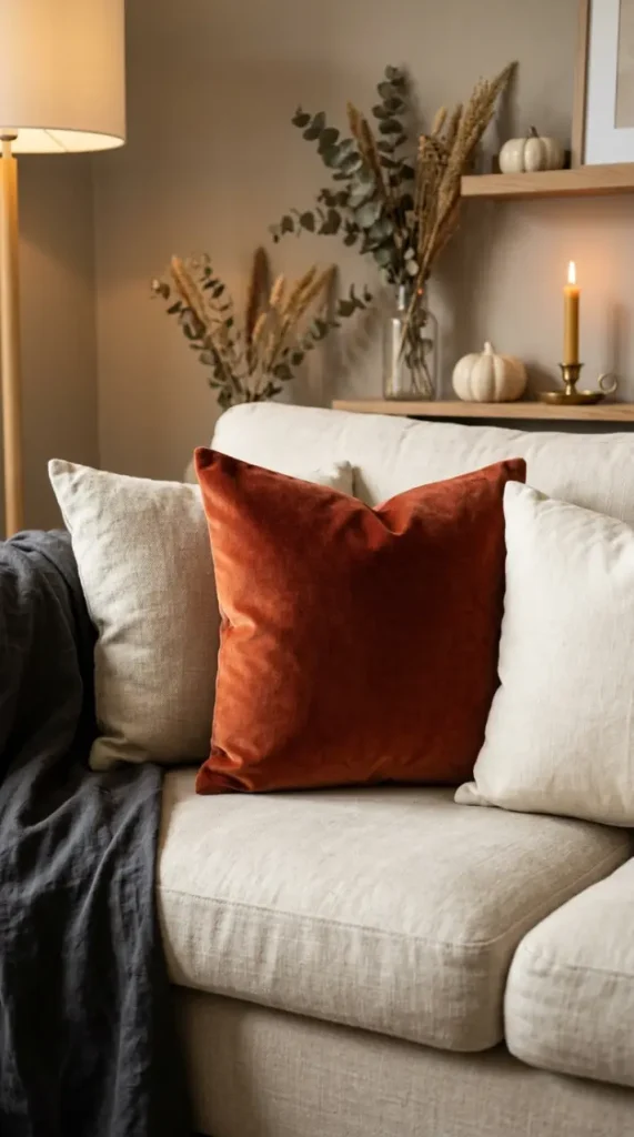 14 Chic Neutral Halloween Decor Ideas Living Room Style 2 2. A Deep Rust Velvet Cushion as a Seasonal Color Accent