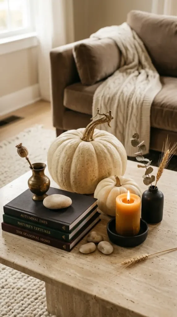 14 Fall Home Decor Ideas Warm Neutral Living Room Style 2 2. A Fall Coffee Table Vignette