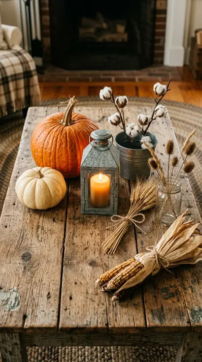 12 Rustic Fall Decorating Ideas Farmhouse Living Room 2 2. A Reclaimed Wood Coffee Table With a Fall Farmhouse Vignette