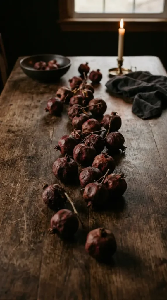 14 Moody Centerpiece Ideas for an Effortless Table 2 2. A Scatter of Whole Dried Pomegranates Down the Tables Center