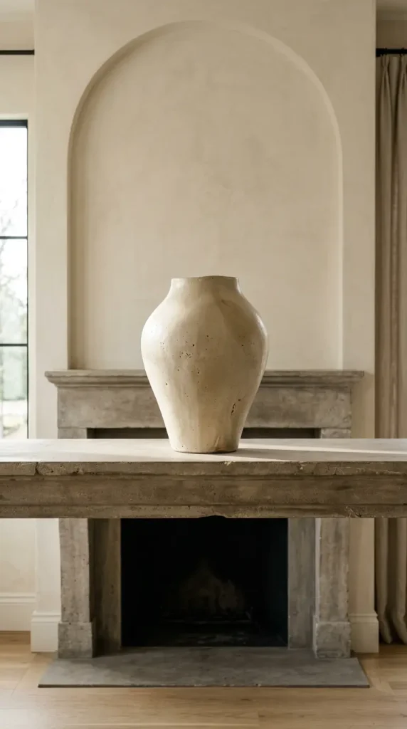 14 Fall Mantel Decor Ideas for a Quiet Luxury Neutral Look 2 2. A Single Oversized Vase as the Sole Focal Point