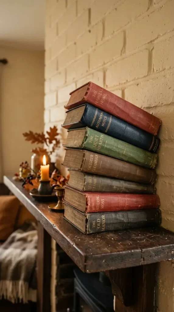 18 Collected Fall Mantel Styling Ideas That Feel Easy 2 2. A Small Stack of Mismatched Books Leaning Rather Than Standing Straight