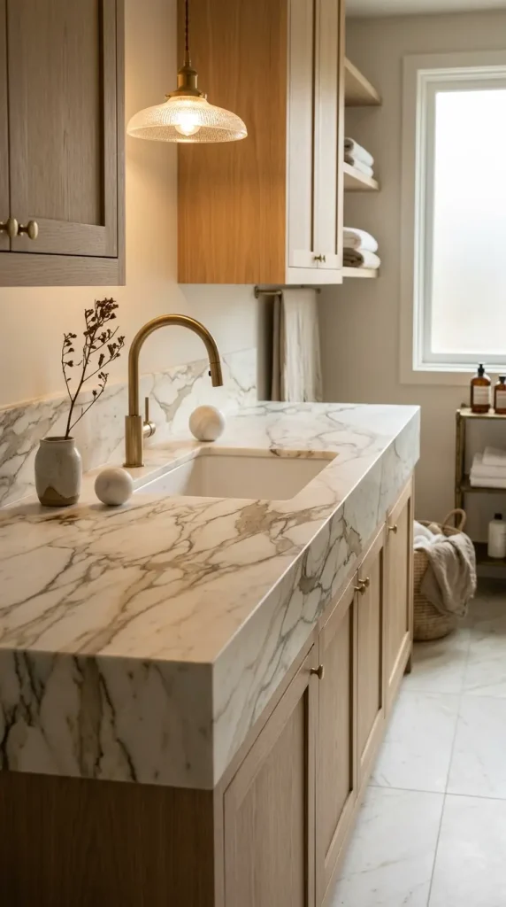 18 Laundry Room Designs Quiet Luxury Marble and Warm Wood Look 2 2. A Thick Calacatta Marble Worktop With Warm Gold Veining