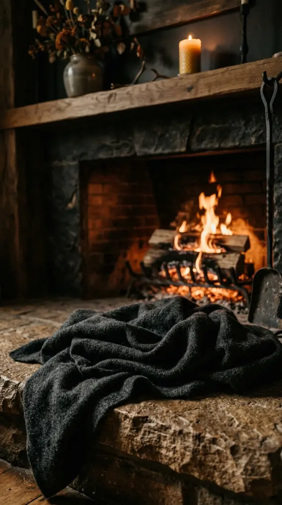 16 Moody Fall Fireplace Ideas for a Cozy Sanctuary 2 2. A Worn Wool Throw Pooling Directly on the Hearth Stone