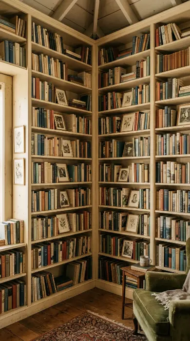 13 Light Linen Wingback Reading Chair Bookshelf Corner 2 2. Built In Bookshelf Wrapping the Corner