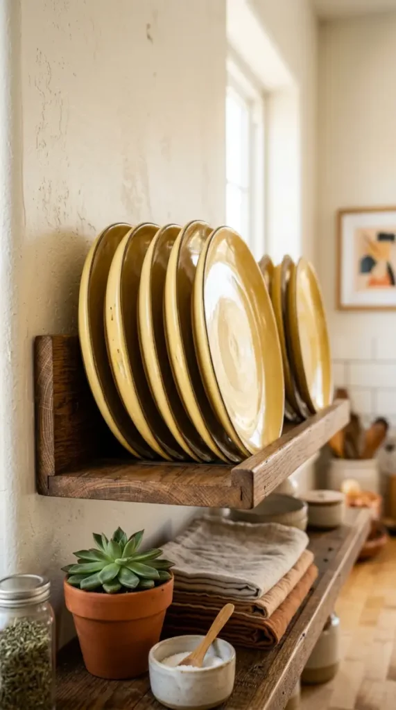 15 Nostalgic Open Shelf Dopamine Kitchen Display Ideas 2 2. Buttercream Yellow Plate Stack Leaning on a Shelf Plate Rail