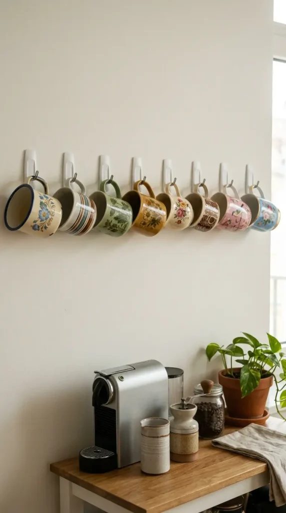 17 Small Space Eclectic Coffee Corner Ideas for Renters 2 2. Command Hooks Holding Mismatched Mugs Without Wall Damage