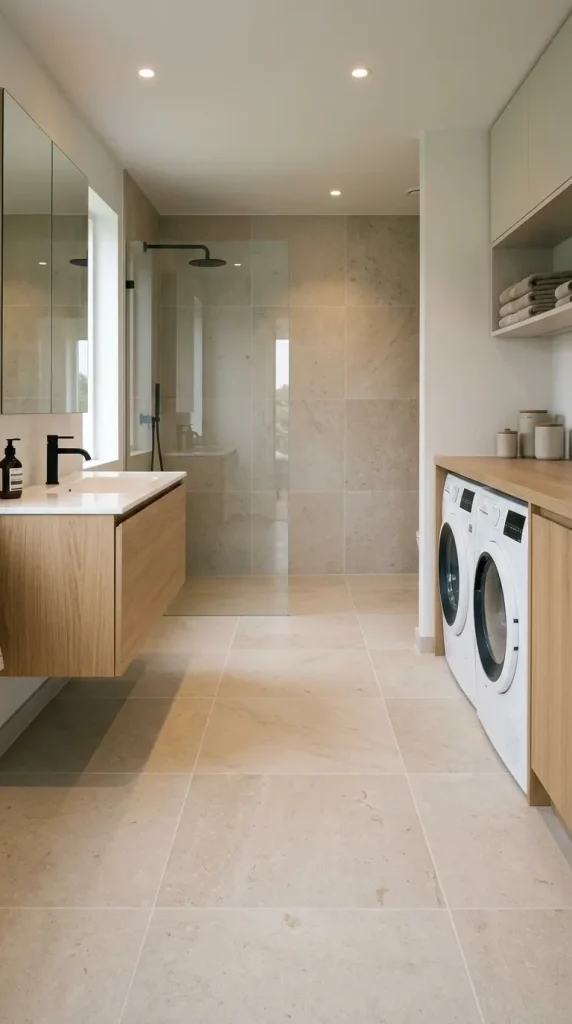 16 Laundry Room Bathroom Combo Maximized Built-In Minimal 2 2. Continuous Large Format Stone Tile Across Both Zones