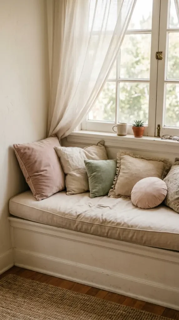 14 Curtained Window Reading Nook Soft Dreamy Corner Ideas 2 2. Cushioned Window Seat With Scattered Pillows