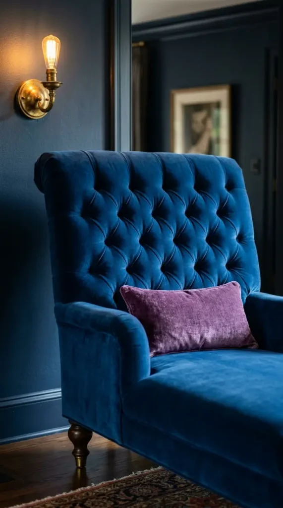 10 Chaise Lounge Velvet Jewel Tone Sapphire Blue Style 2 2. Deep Button Tufting on the Chaise Back Panel