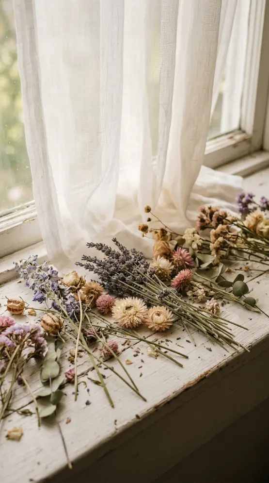 18 Romanticizing My Room Small Space Sheer Drapery Ideas 2 2. Dried Flowers Resting on the Windowsill