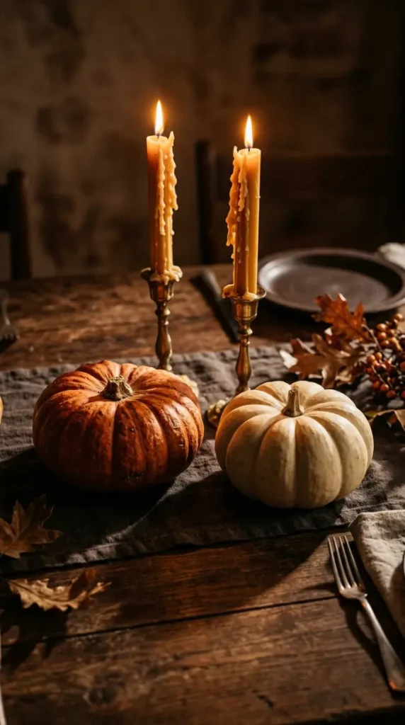16 Small Moody Thanksgiving Table for Intimate Nights 2 2. Dripping Taper Candles Casting Long Shadows Across Two Small Pumpkins