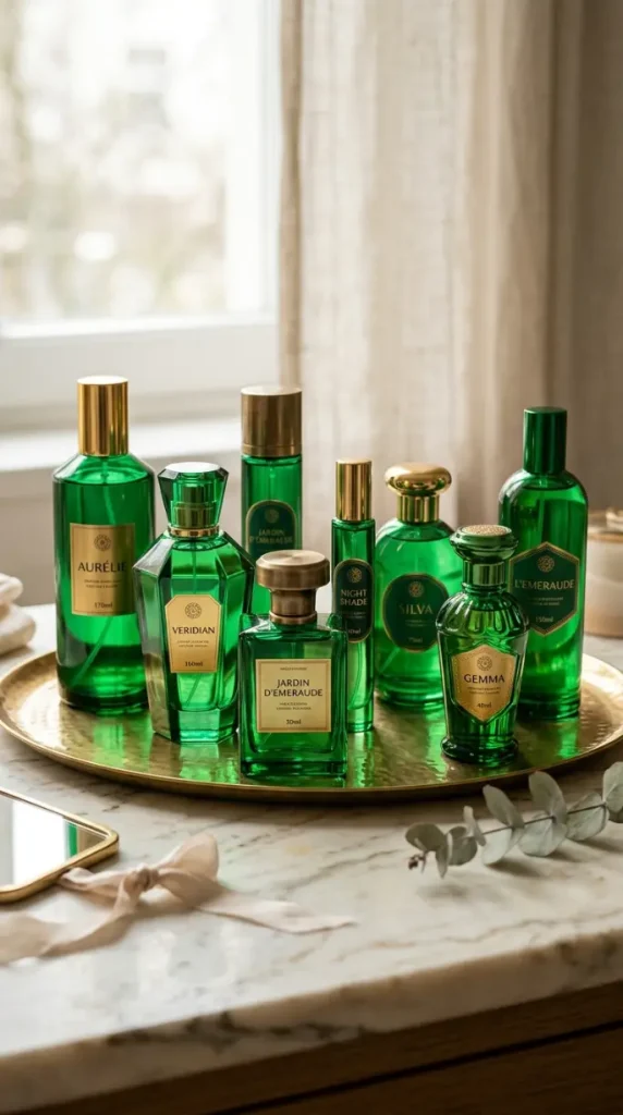 17 Jewel Tone Vanity Styling Ideas With Rich Color 2 2. Emerald Green Perfume Bottles Lined on a Brass Tray