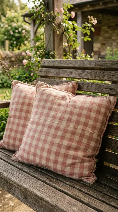 16 Summer Cottagecore Porch Swing Sitting Area Ideas 2 2. Faded Gingham Cushions