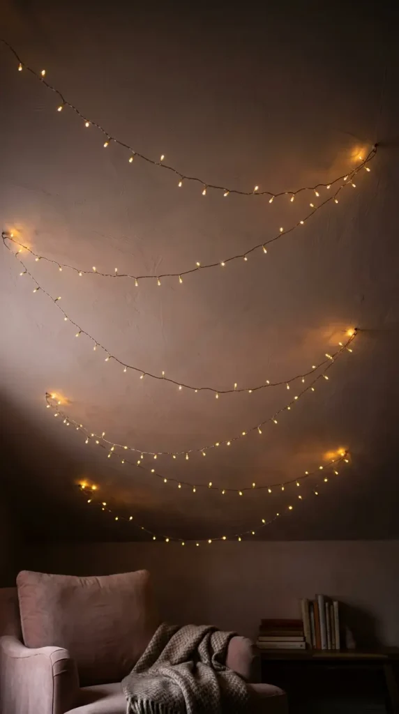 16 Cozy Reading Corners Whimsical Blush Fairy Lights 2 2. Fairy Lights Draped Overhead