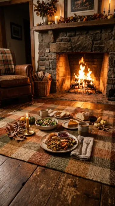 13 Romantic Thanksgiving Table for Two Date Night Idea 2 2. Fireside Picnic Spread on the Living Room Floor