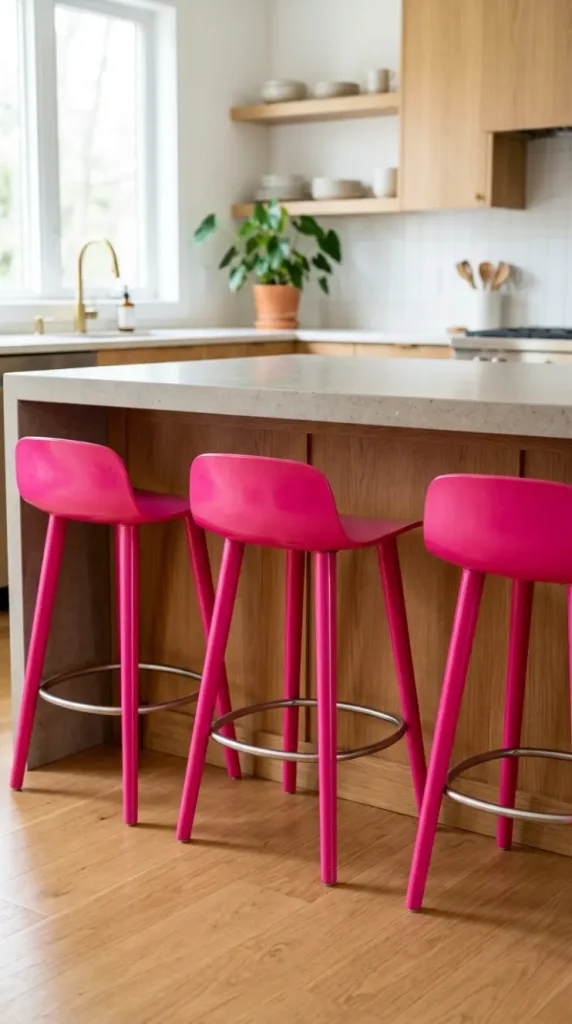 18 Dopamine Kitchen Ideas for a Bold Colorful Space 2 2. Hot Pink Bar Stools at the Kitchen Island