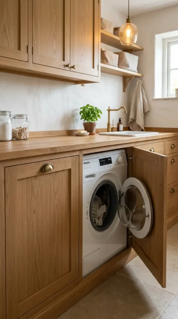 15 Elegant Laundry Room Ideas Warm White Oak Scandinavian Style 2 2. Integrated Appliances Behind Matching Oak Panels
