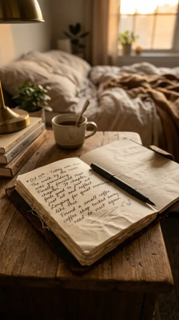 13 Golden Hour Bedroom Aesthetic Evening Ritual Corner Ideas 2 2. Journal and Pen Resting on the Nightstand