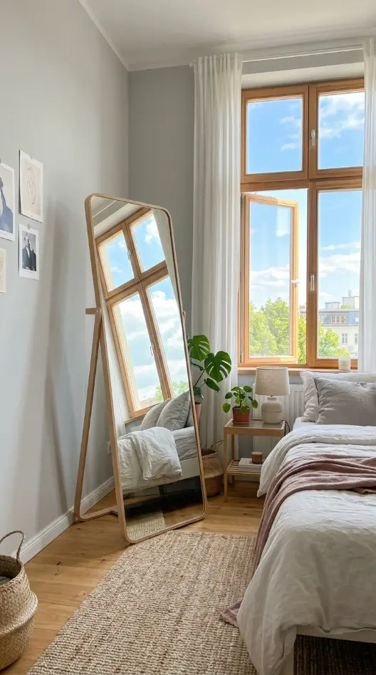 17 Small Bedroom Declutter Ideas for a Spacious Feel 2 2. Large Mirror Leaned Opposite the Window