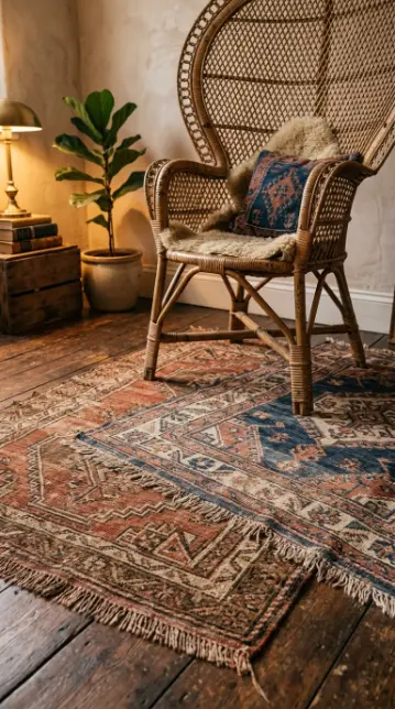 17 Small Reading Nook Cozy Corner Boho Woven Warmth 2 2. Layered Vintage Kilim Rug