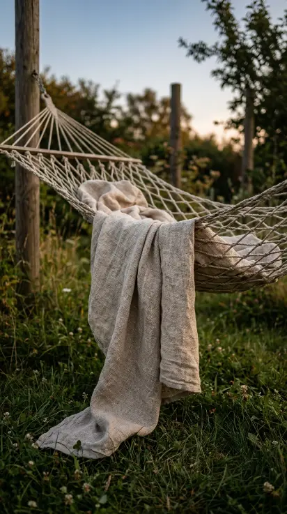 17 Summer Cottagecore Hammock Sitting Area Dusk Glow 2 2. Linen Throw Blanket Across the Netting