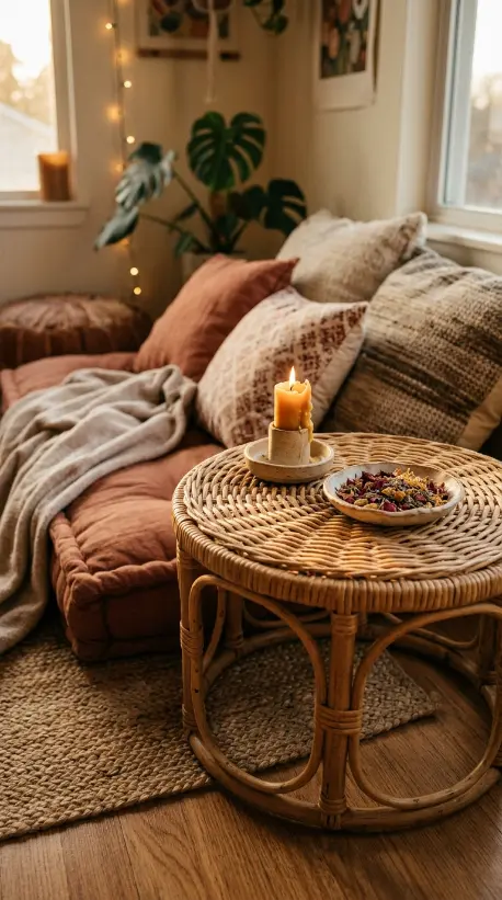 17 Golden Hour Bedroom Aesthetic Boho Floor Cushion Nook Ideas 2 2. Low Rattan Table With a Candle