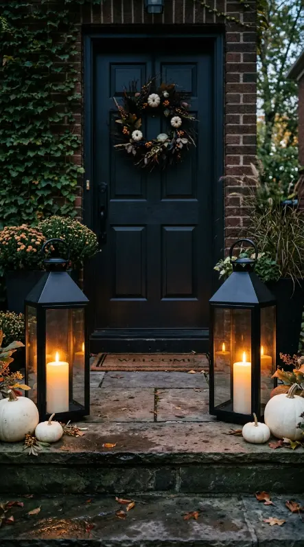 13 Easy Halloween Entryway Decor Black White Classic Style 2 2. Matte Black Lanterns With White Pillar Candles