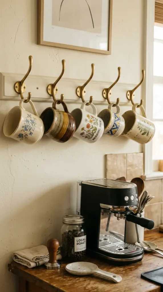 19 Eclectic Coffee Station Ideas With Vintage Charm 2 2. Mismatched Vintage Mugs on a Row of Hooks