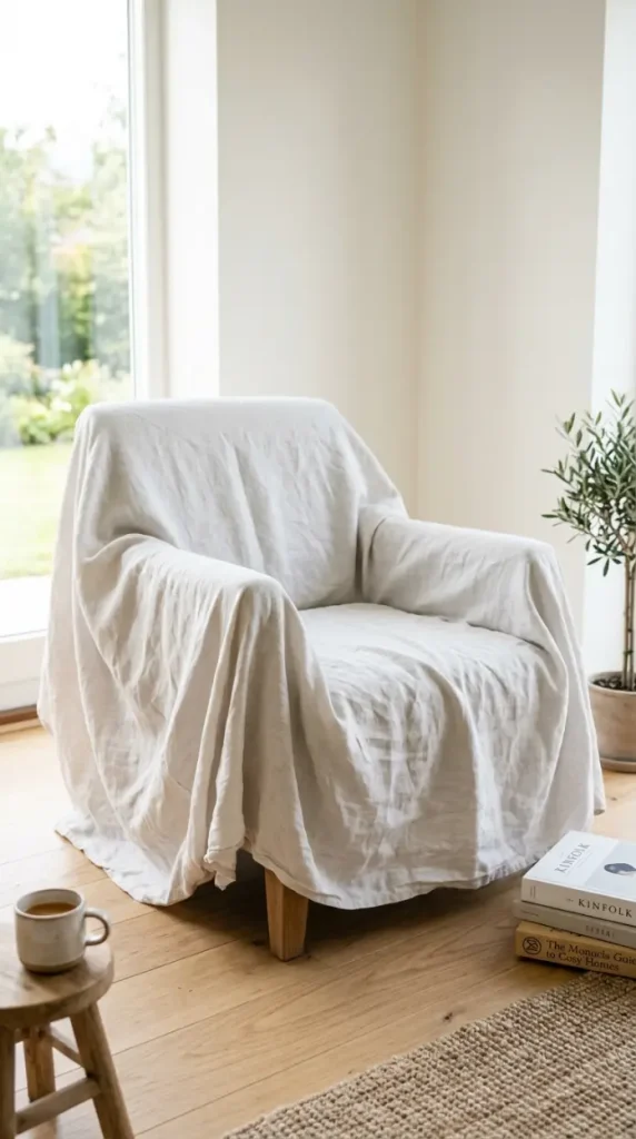 18 Small Reading Nook Cozy Corner Nordic Airy Minimal 2 2. Pale Linen Slipcover Armchair