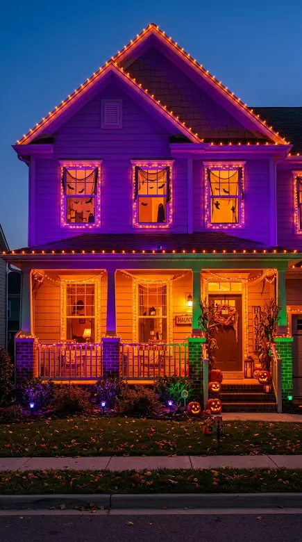 12 Outdoor Halloween Display Haunted House Front Yard 2 2. Purple and Orange Theatrical House Facade Lighting