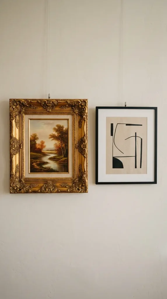 11 Thrifted Gallery Wall Ideas With Mismatched Frames 2 2. Scalloped White Frame Stacked Above a Chunky Raw Wood Frame