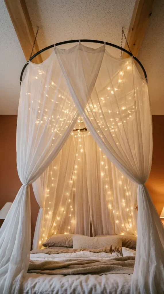 15 Romanticizing My Room Small Space Fairy Light Canopy Ideas 2 2. Sheer Canopy Frame Suspended From the Ceiling