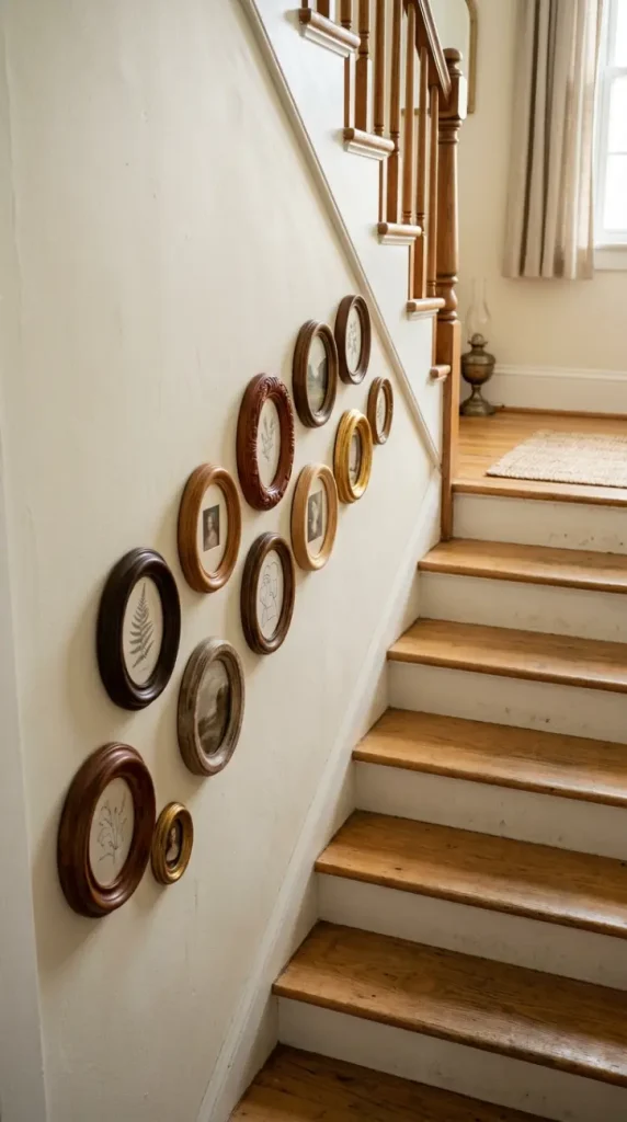 13 Small Thrifted Gallery Wall Ideas for Staircases 2 2. Small Oval Frames Spaced Evenly Up a Narrow Landing Wall