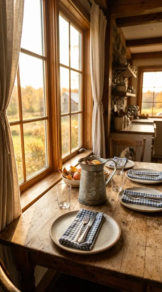 12 Romantic Thanksgiving Feast Styling Ideas to Save 2 2. Sunlit Farmhouse Kitchen Table Golden Hour
