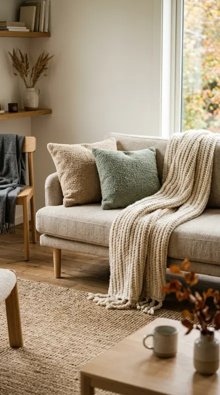 15 Fall Home Decor Ideas Scandinavian Minimal Warm Style 2 2. Swap Summer Cushions for Chunky Knit and Boucle Throws