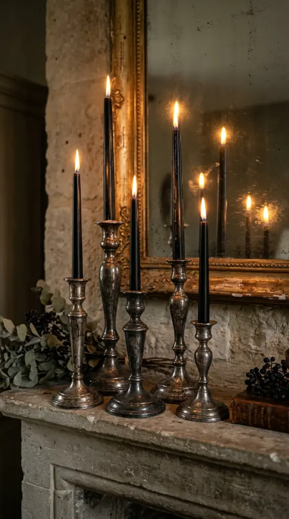 17 Elegant Halloween Mantel Decor French Country Style 2 2. The Aged Silver Candlestick Grouping
