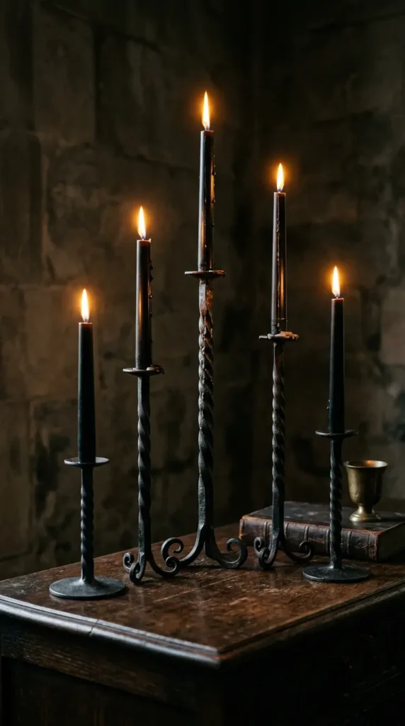 14 Neutral Halloween Decor Gothic Console Table Style 2 2. The Black Taper Candles in Twisted Iron