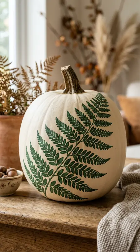 12 DIY Fall Home Decor Projects: Painted Pumpkin Collection 2 2. The Botanical Fern Motif Hand-Painted