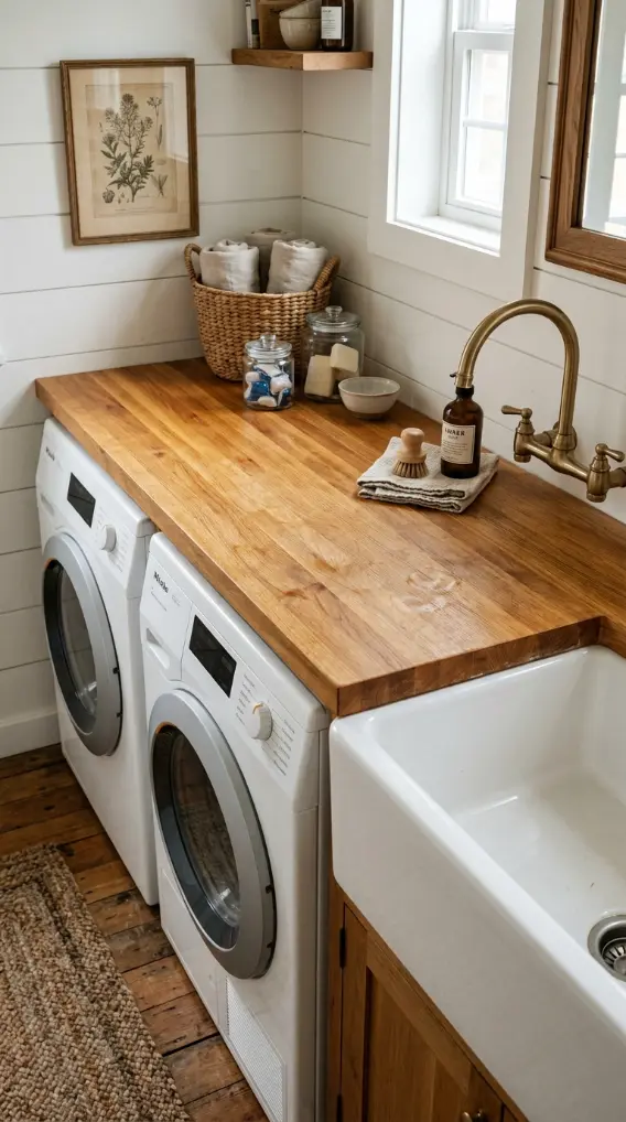 14 Laundry Room Bathroom Combo Warm Neutral Farmhouse Style 2 2. The Butcher Block Laundry Counter